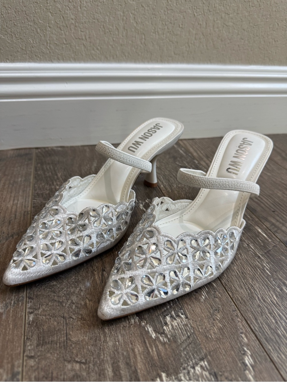 Jason Wu Heels Womens 8 Silver Crystal Floral Pointed Toe Mule Bridal Shoes